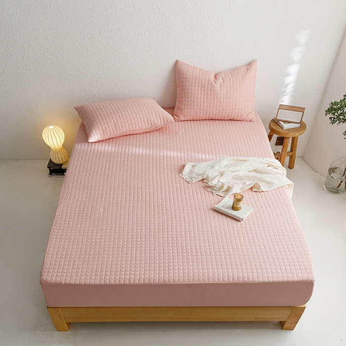 91家纺网 家纺一手货源 找家纺 忘忧草 2023新款全棉色织水洗棉夹棉床笠纯棉无印风格纯色 格韵-粉玉