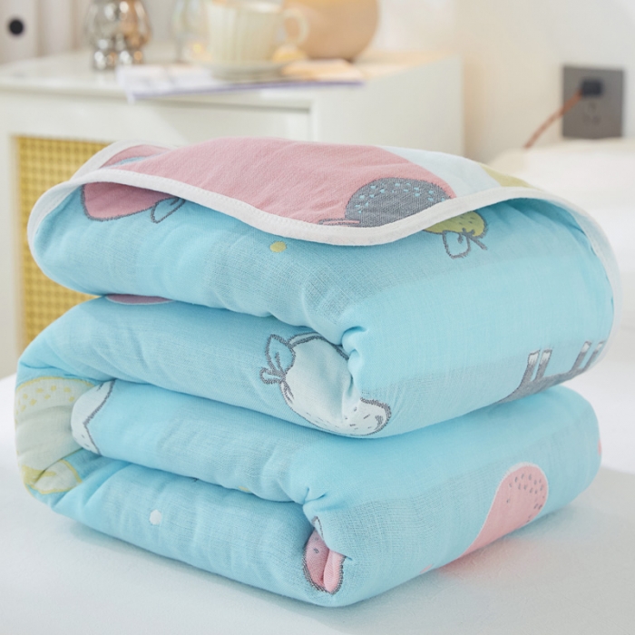 91家纺网 家纺一手货源 找家纺 乐家毛巾被 2023新款A类母婴级AB版六层全棉纱布毯 苹果象蓝色