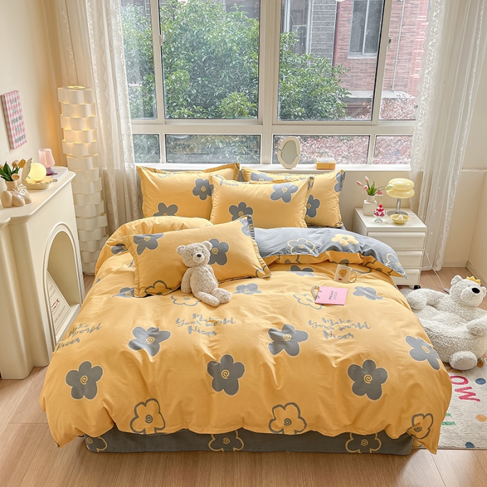 91家纺网 家纺一手货源 找家纺 铭成家纺 2024新款全棉小清新系列四件套（预留缩水） 花怡梦-黄