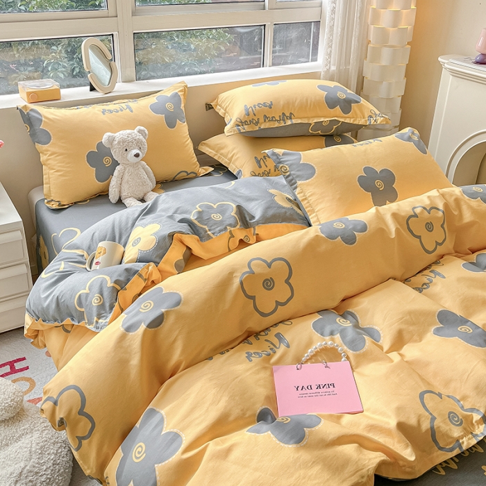 91家纺网 家纺一手货源 找家纺 铭成家纺 2024新款全棉小清新系列四件套（预留缩水） 花怡梦-黄