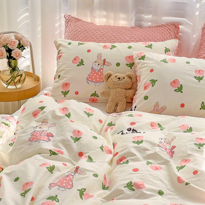 91家纺网 家纺一手货源 找家纺 梦家居 2023新款全棉加安抚豆豆绒被套两件套三件套 郁金花兔