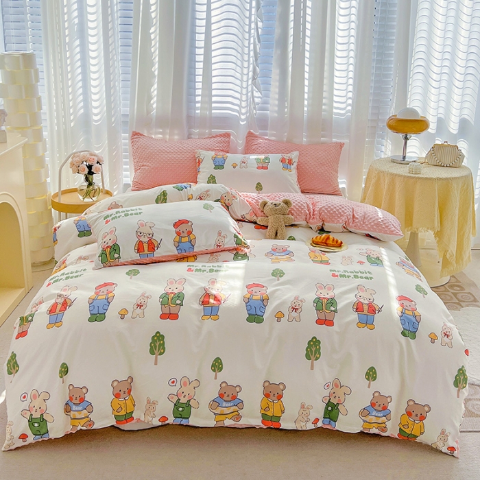 91家纺网 家纺一手货源 找家纺 梦家居 2023新款全棉加安抚豆豆绒被套两件套三件套 熊兔乐园