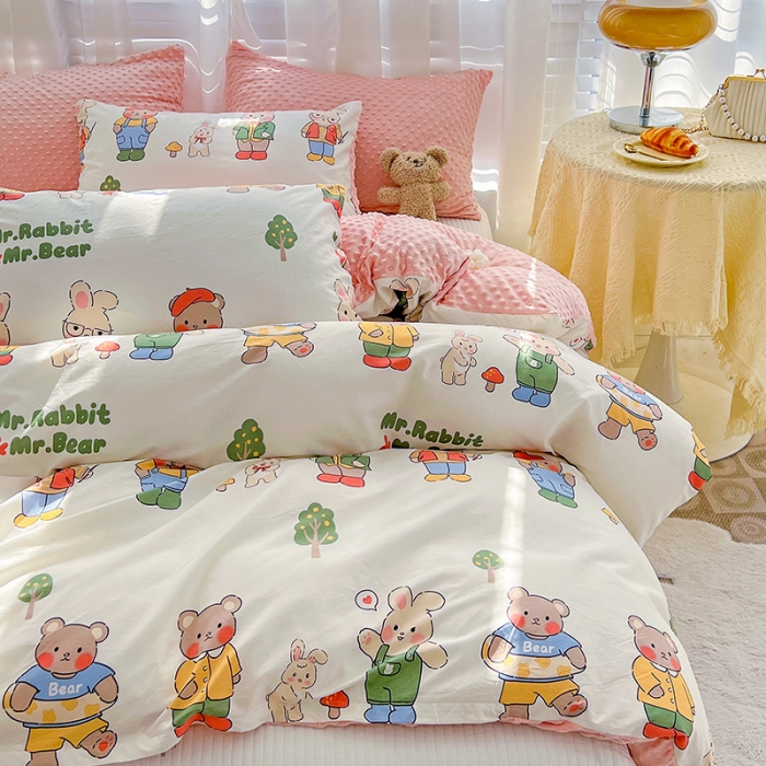 91家纺网 家纺一手货源 找家纺 梦家居 2023新款全棉加安抚豆豆绒被套两件套三件套 熊兔乐园