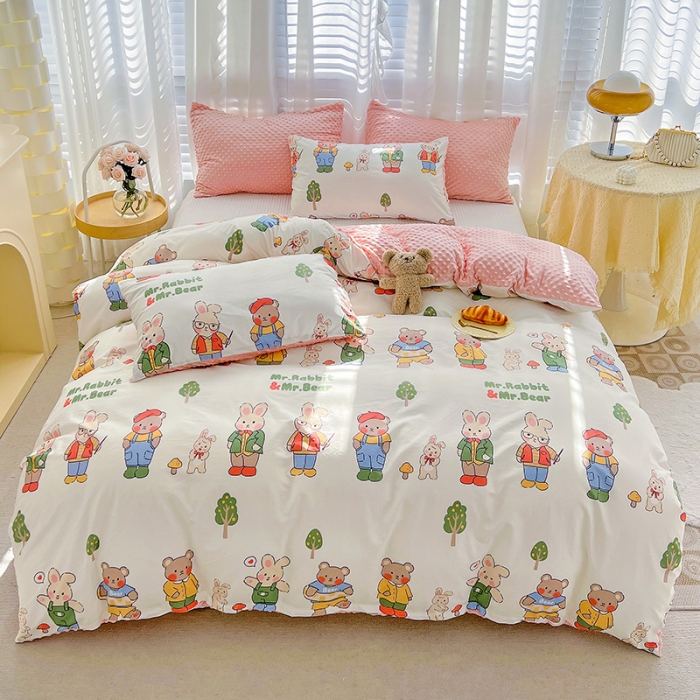 91家纺网 家纺一手货源 找家纺 梦家居 2023新款全棉加安抚豆豆绒被套两件套三件套 熊兔乐园