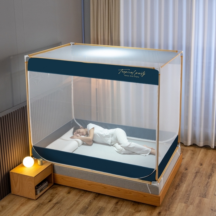 91家纺网 家纺一手货源 找家纺 青竹苑 2023新款双门全底外穿坐床式蚊帐儿童防摔防蚊拉链方帐 简约蓝