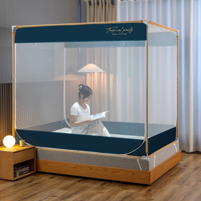 91家纺网 家纺一手货源 找家纺 青竹苑 2023新款双门全底外穿坐床式蚊帐儿童防摔防蚊拉链方帐 简约蓝