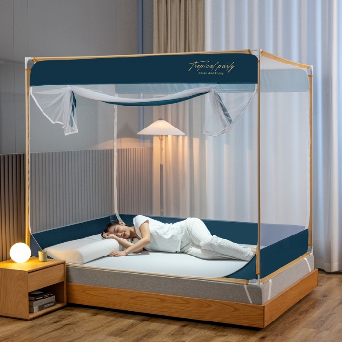 91家纺网 家纺一手货源 找家纺 青竹苑 2023新款双门全底外穿坐床式蚊帐儿童防摔防蚊拉链方帐 简约蓝