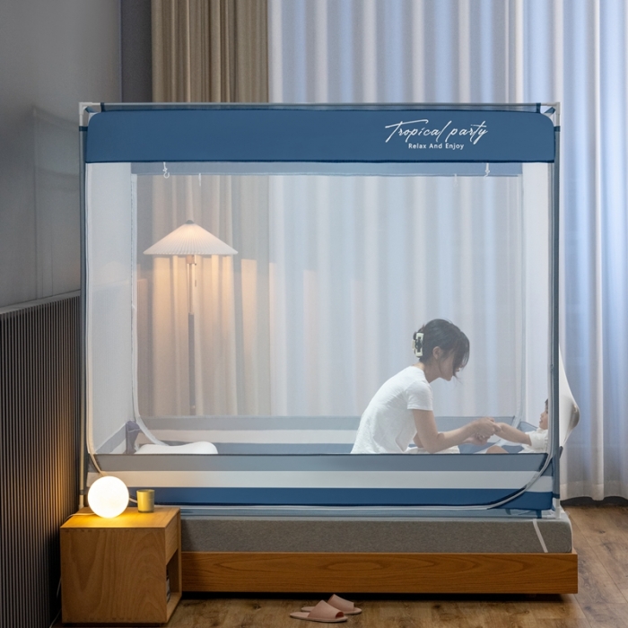 91家纺网 家纺一手货源 找家纺 （总）青竹苑 2023新款双门全底外穿坐床式蚊帐儿童防摔防蚊拉链方帐