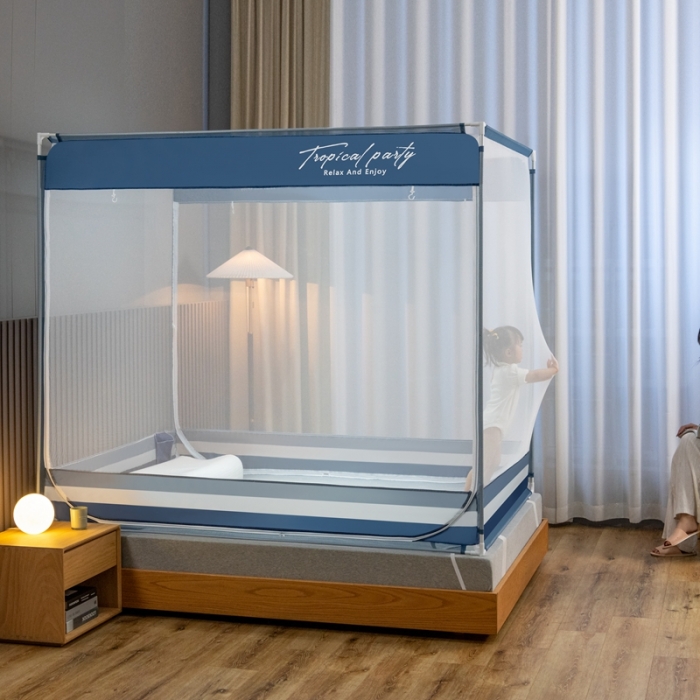 91家纺网 家纺一手货源 找家纺 （总）青竹苑 2023新款双门全底外穿坐床式蚊帐儿童防摔防蚊拉链方帐