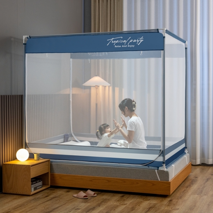 91家纺网 家纺一手货源 找家纺 （总）青竹苑 2023新款双门全底外穿坐床式蚊帐儿童防摔防蚊拉链方帐