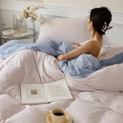 91家纺网 家纺一手货源 找家纺 风向标家纺 2023新款A类云感全棉双拼针织棉四件套 柔粉冰蓝