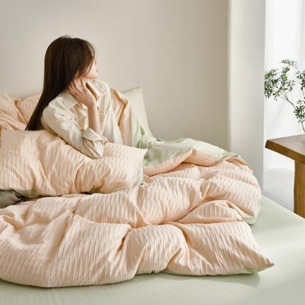 91家纺网 家纺一手货源 找家纺 风向标家纺 2023新款泡泡纱水洗立体提花全棉四件套 泡泡纱-粉青绿