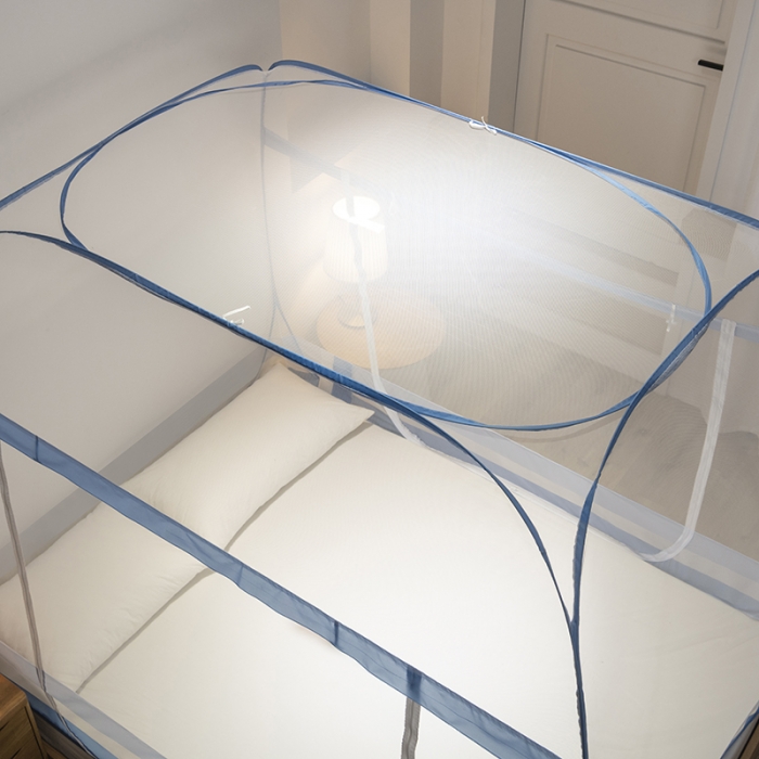 91家纺网 家纺一手货源 找家纺 青竹苑 2023新款大方顶魔术蚊帐加大双开门免安装稳固全包围全底蚊帐 条纹蓝