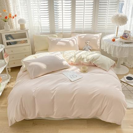 91家纺网 家纺一手货源 找家纺 安力森/诚臻酒店用品 2023新款纯色双拼简约水洗棉四件套 粉芝士双拼