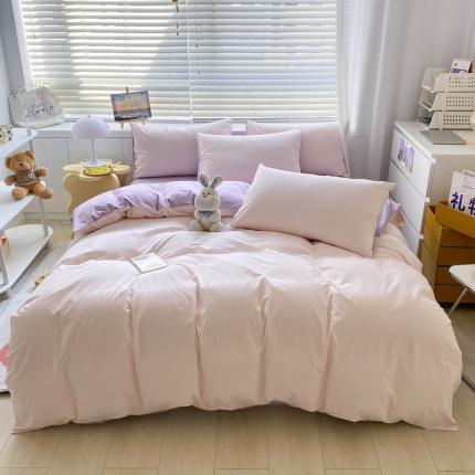 91家纺网 家纺一手货源 找家纺 安力森/诚臻酒店用品 2023新款纯色双拼简约水洗棉四件套 奶粉+泡泡紫