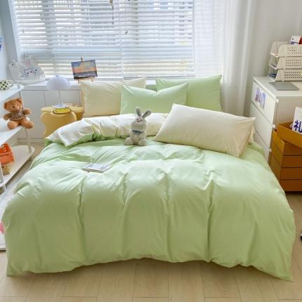 91家纺网 家纺一手货源 找家纺 安力森/诚臻酒店用品 2023新款纯色双拼简约水洗棉四件套 泡泡绿-奶黄
