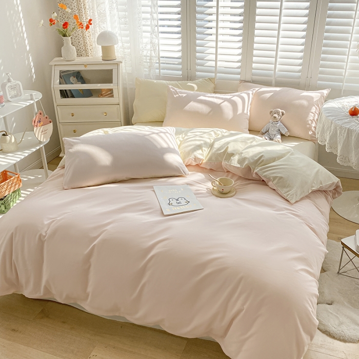 91家纺网 家纺一手货源 找家纺 安力森/诚臻酒店用品 2023新款纯色双拼简约水洗棉四件套 粉芝士双拼