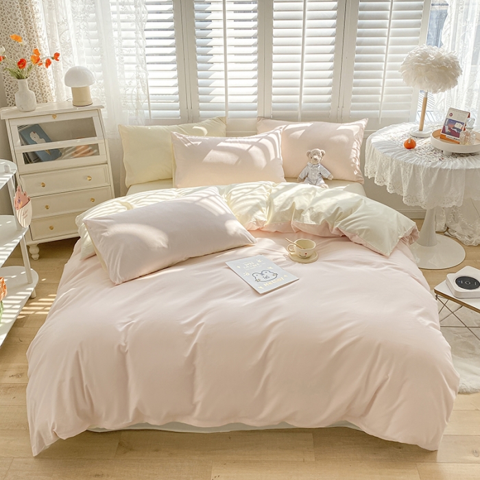 91家纺网 家纺一手货源 找家纺 安力森/诚臻酒店用品 2023新款纯色双拼简约水洗棉四件套 粉芝士双拼