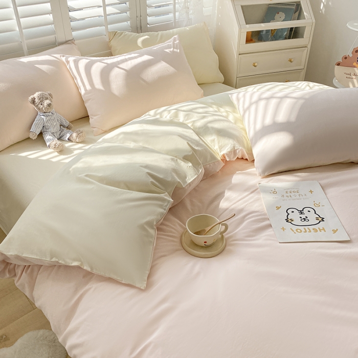 91家纺网 家纺一手货源 找家纺 安力森/诚臻酒店用品 2023新款纯色双拼简约水洗棉四件套 粉芝士双拼