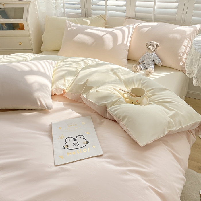 91家纺网 家纺一手货源 找家纺 安力森/诚臻酒店用品 2023新款纯色双拼简约水洗棉四件套 粉芝士双拼