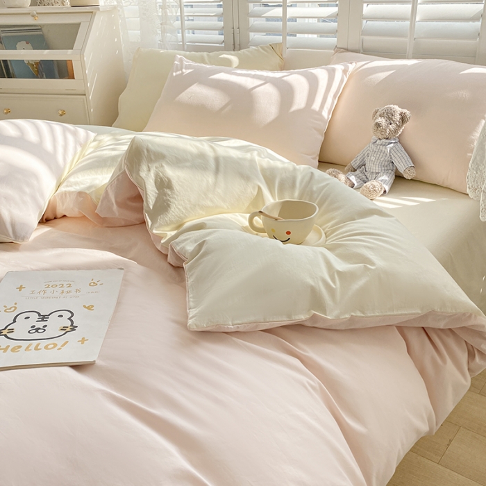 91家纺网 家纺一手货源 找家纺 安力森/诚臻酒店用品 2023新款纯色双拼简约水洗棉四件套 粉芝士双拼