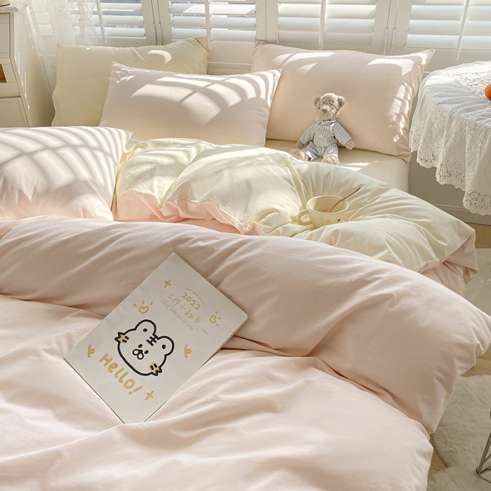 91家纺网 家纺一手货源 找家纺 安力森/诚臻酒店用品 2023新款纯色双拼简约水洗棉四件套 粉芝士双拼