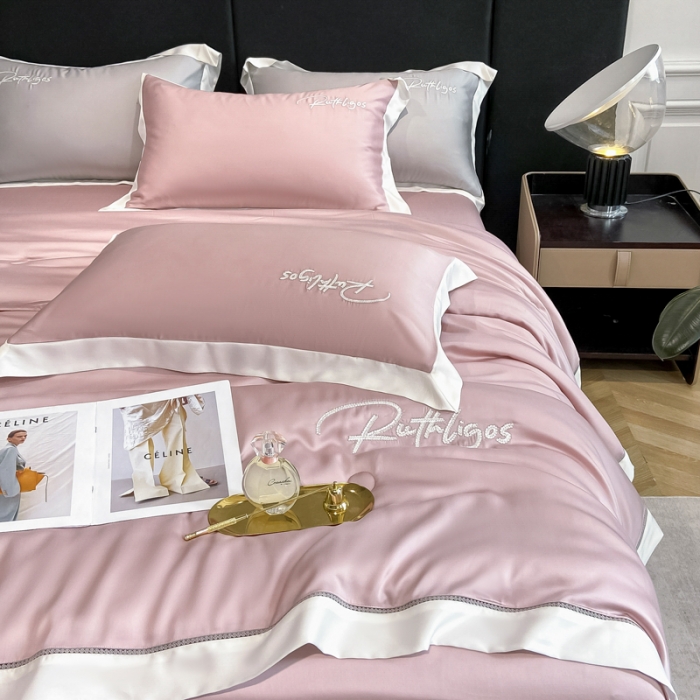 91家纺网 家纺一手货源 找家纺 2023奥汀洛100S莱赛尔天丝刺绣镂空夏被四件套-安妮