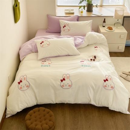 91家纺网 家纺一手货源 找家纺 （总）顾里 2023新款全棉水洗棉绣花四件套-萌萌兔萌萌熊系列