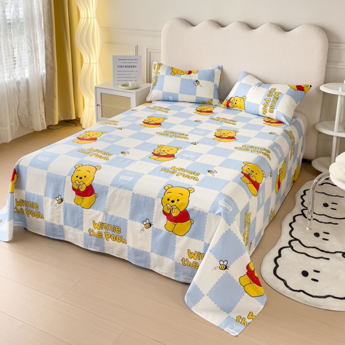 91家纺网 家纺一手货源 找家纺 金丝鸟 2023新款全棉纯棉印花系列单品床单 蓝格维尼熊