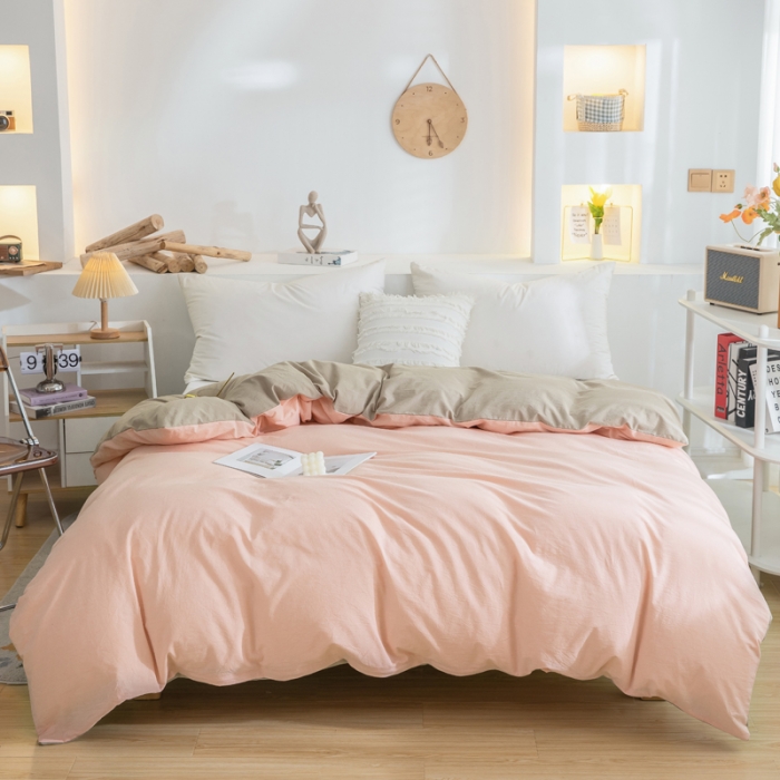 91家纺网 家纺一手货源 找家纺 柠萌家居 2023新款全棉双拼水洗棉单品单被套 双拼-粉卡其