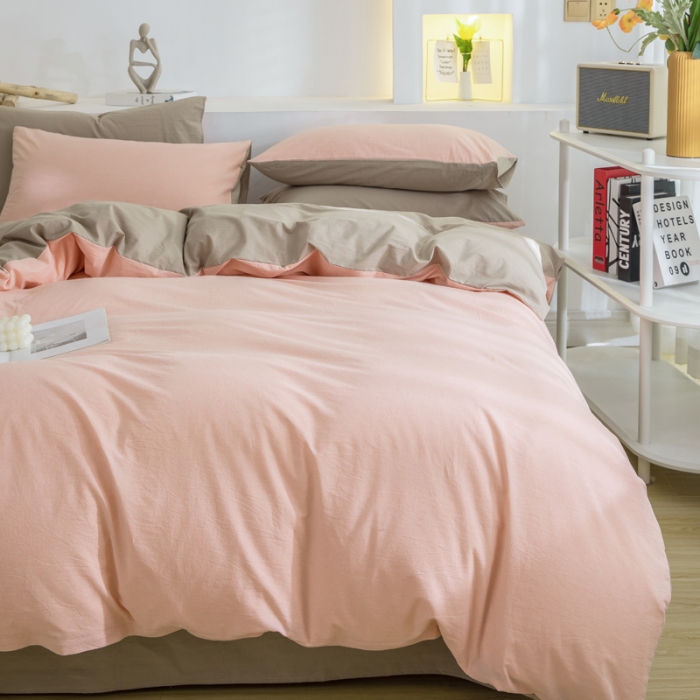 91家纺网 家纺一手货源 找家纺 柠萌家居 2023新款全棉双拼水洗棉单品单被套 双拼-粉卡其