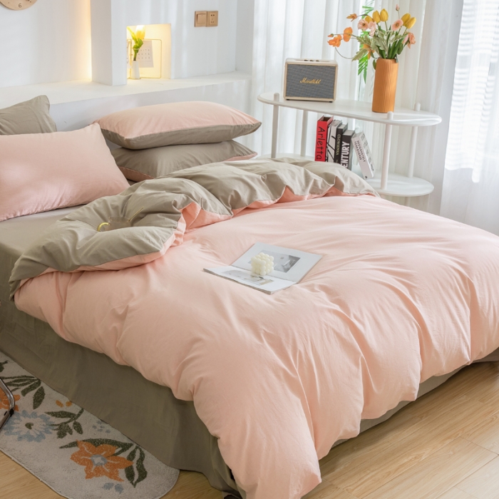 91家纺网 家纺一手货源 找家纺 柠萌家居 2023新款全棉双拼水洗棉单品单被套 双拼-粉卡其
