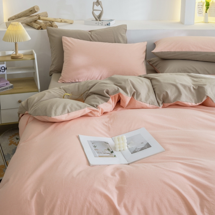 91家纺网 家纺一手货源 找家纺 柠萌家居 2023新款全棉双拼水洗棉单品单被套 双拼-粉卡其