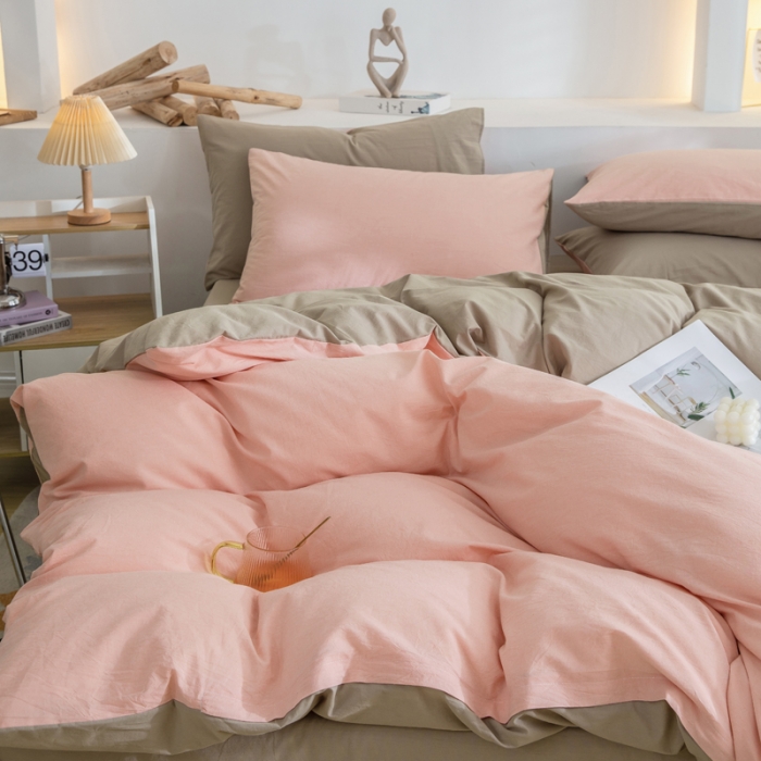 91家纺网 家纺一手货源 找家纺 柠萌家居 2023新款全棉双拼水洗棉单品单被套 双拼-粉卡其
