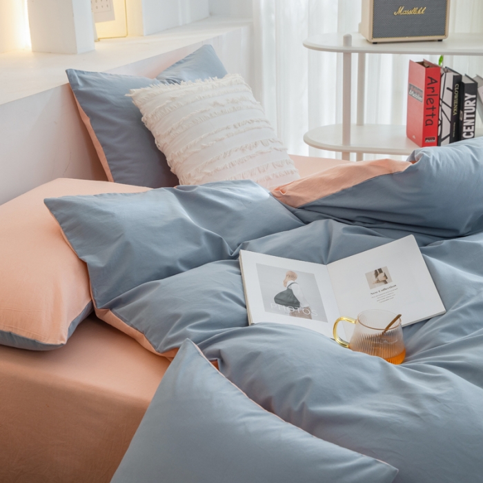 91家纺网 家纺一手货源 找家纺 柠萌家居 2023新款全棉双拼水洗棉单品单被套 双拼-浅蓝粉