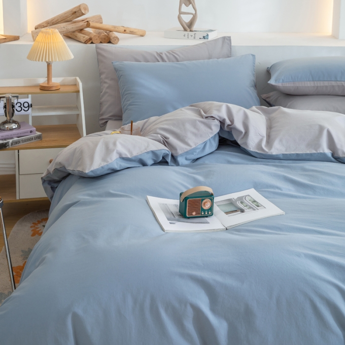 91家纺网 家纺一手货源 找家纺 柠萌家居 2023新款全棉双拼水洗棉单品单被套 双拼-浅蓝灰