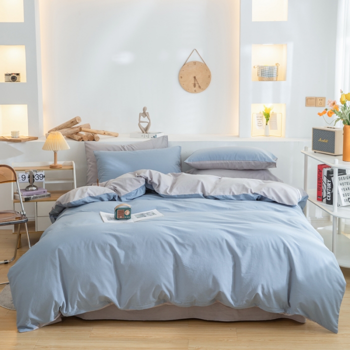 91家纺网 家纺一手货源 找家纺 柠萌家居 2023新款全棉双拼水洗棉单品单被套 双拼-浅蓝灰