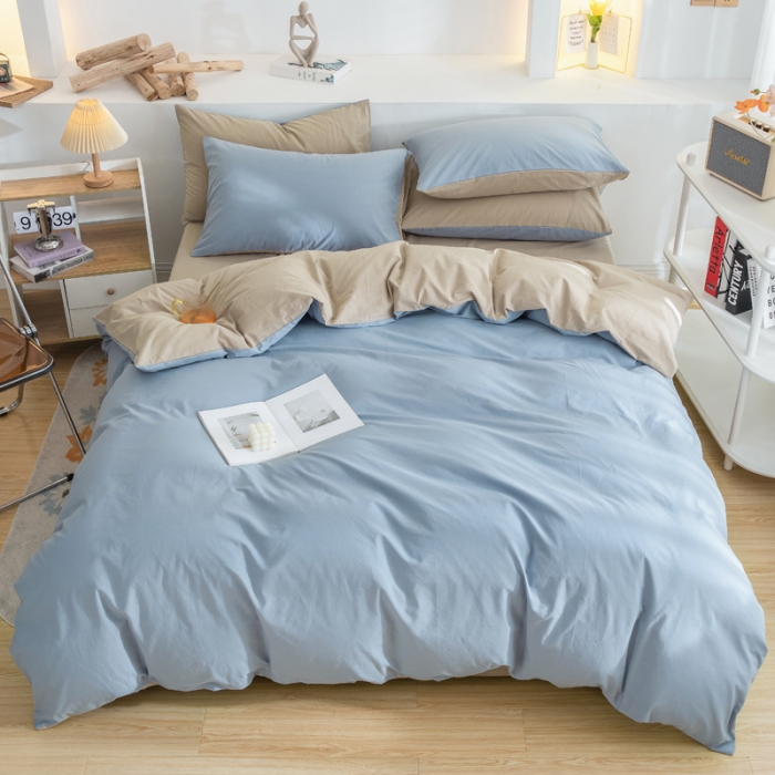 91家纺网 家纺一手货源 找家纺 柠萌家居 2023新款全棉双拼水洗棉单品单被套 双拼-浅蓝卡其