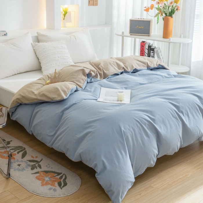 91家纺网 家纺一手货源 找家纺 柠萌家居 2023新款全棉双拼水洗棉单品单被套 双拼-浅蓝卡其