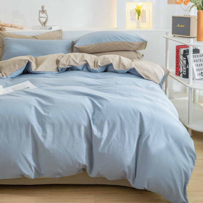 91家纺网 家纺一手货源 找家纺 柠萌家居 2023新款全棉双拼水洗棉单品单被套 双拼-浅蓝卡其