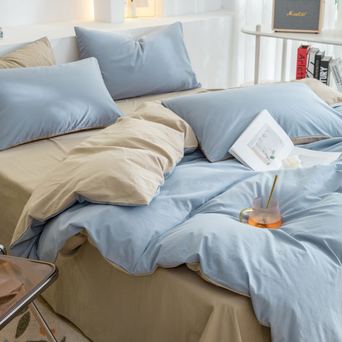 91家纺网 家纺一手货源 找家纺 柠萌家居 2023新款全棉双拼水洗棉单品单被套 双拼-浅蓝卡其