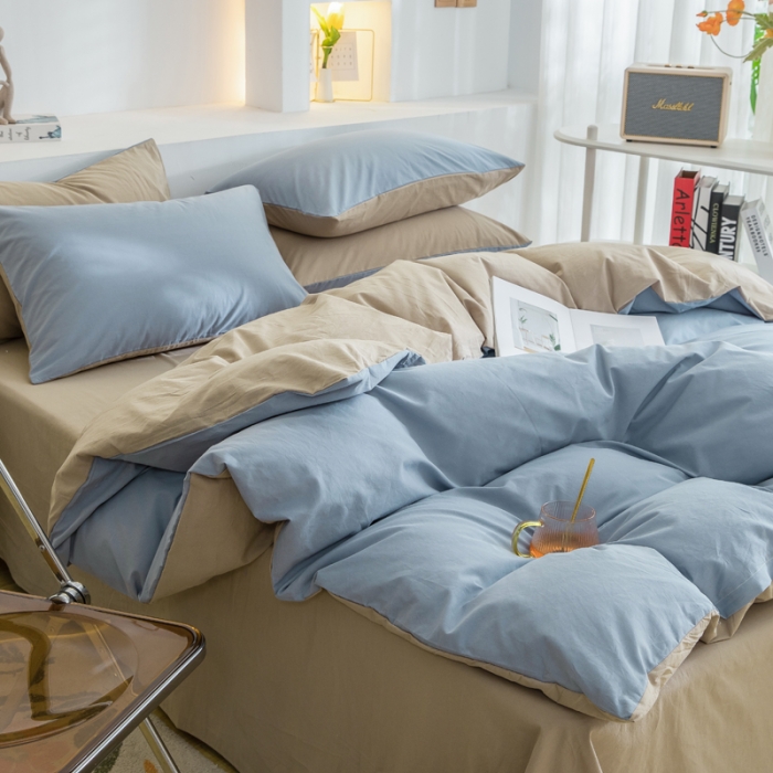 91家纺网 家纺一手货源 找家纺 柠萌家居 2023新款全棉双拼水洗棉单品单被套 双拼-浅蓝卡其