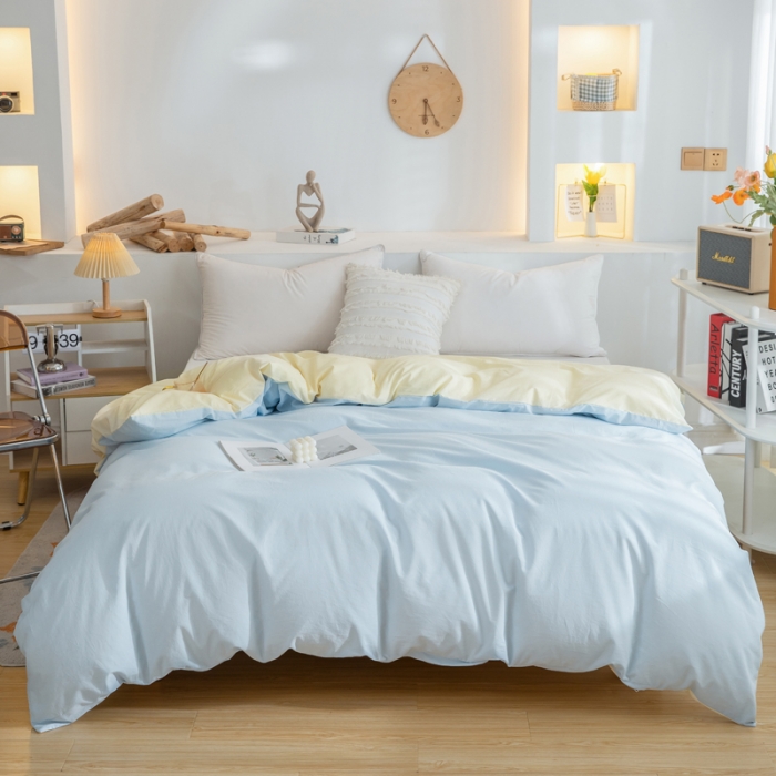 91家纺网 家纺一手货源 找家纺 柠萌家居 2023新款全棉双拼水洗棉单品单被套 双拼-天蓝奶黄