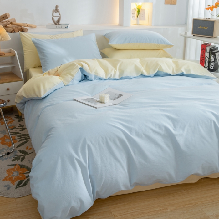 91家纺网 家纺一手货源 找家纺 柠萌家居 2023新款全棉双拼水洗棉单品单被套 双拼-天蓝奶黄