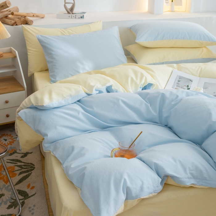 91家纺网 家纺一手货源 找家纺 柠萌家居 2023新款全棉双拼水洗棉单品单被套 双拼-天蓝奶黄