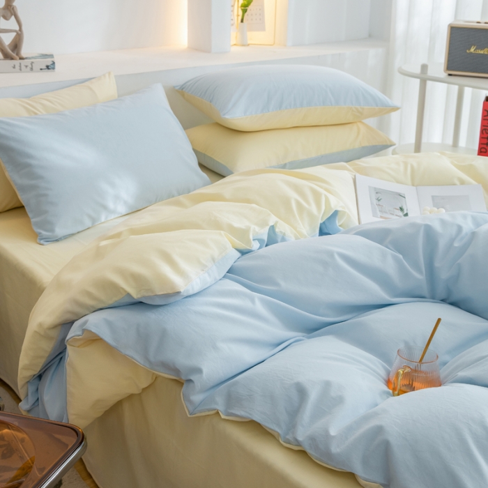 91家纺网 家纺一手货源 找家纺 柠萌家居 2023新款全棉双拼水洗棉单品单被套 双拼-天蓝奶黄