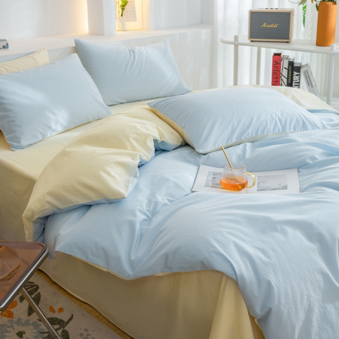 91家纺网 家纺一手货源 找家纺 柠萌家居 2023新款全棉双拼水洗棉单品单被套 双拼-天蓝奶黄