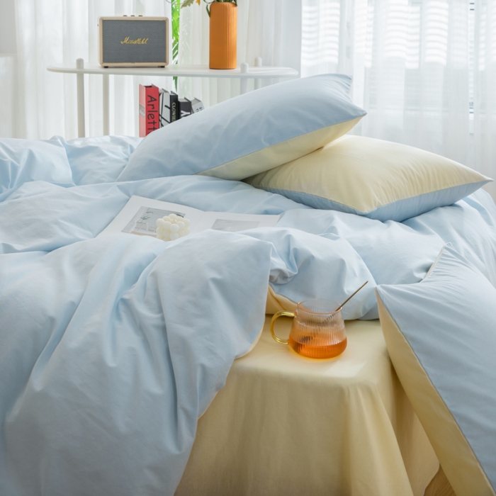 91家纺网 家纺一手货源 找家纺 柠萌家居 2023新款全棉双拼水洗棉单品单被套 双拼-天蓝奶黄