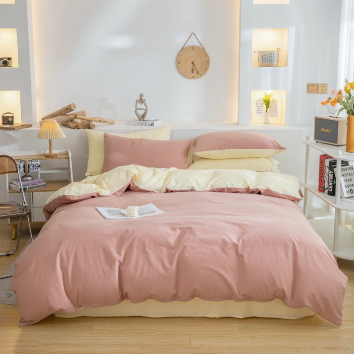 91家纺网 家纺一手货源 找家纺 柠萌家居 2024新款全棉双拼水洗棉四件套 双拼-豆沙奶黄