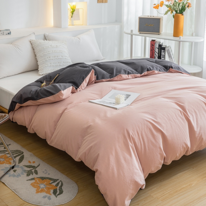 91家纺网 家纺一手货源 找家纺 柠萌家居 2024新款全棉双拼水洗棉四件套 双拼-豆沙深灰